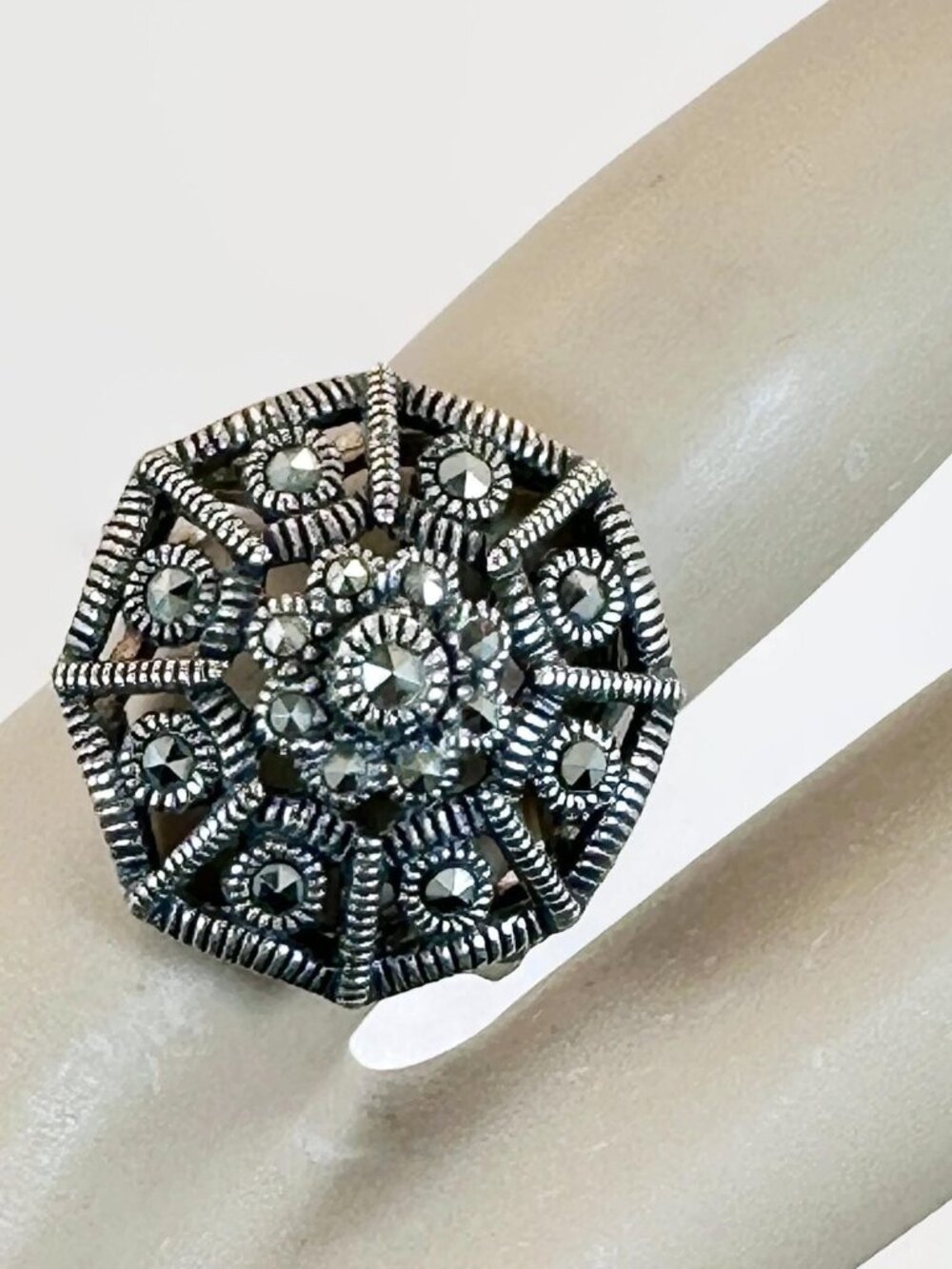 Vintage Marcasite Ring Sterling Silver: Unique Art Deco Style Size 6 1/2
